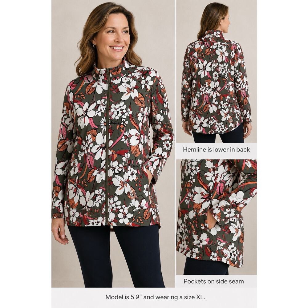 T By Talbots Full Zip Jacket Size X Green Floral Cotton Modal Mock Neck Pockets